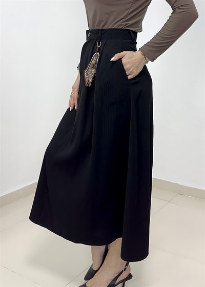 Fularlı Yüksek Bel Etek - Siyah