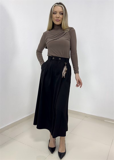 Fularlı Yüksek Bel Etek - Siyah