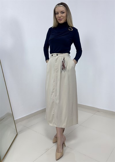 Fularlı Yüksek Bel Etek - Taş