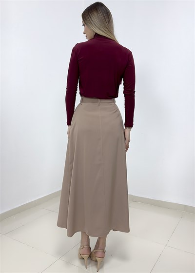 Fularlı Yüksek Bel Etek - Vizon