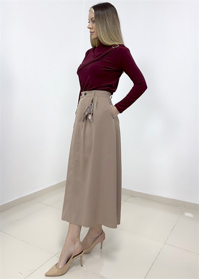 Fularlı Yüksek Bel Etek - Vizon