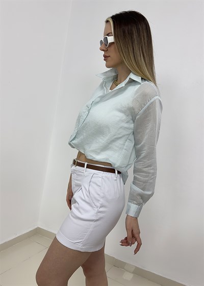 Kemerli Gabardin Şort - Beyaz