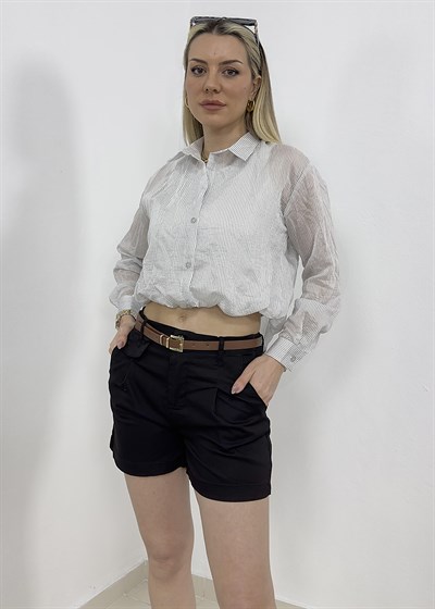 Kemerli Gabardin Şort - Siyah