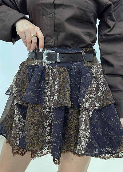 Kemerli Şifon Eteği Dantelli Mini Etek - Kahverengi