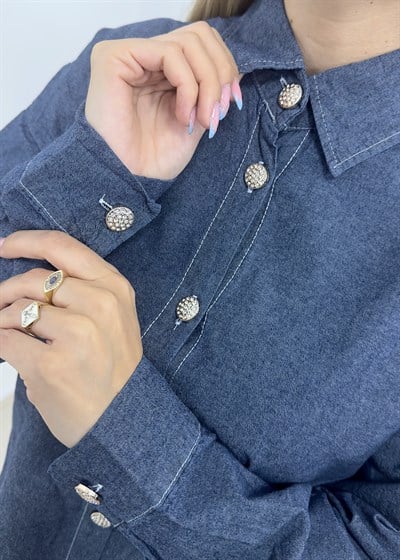 Kot Kumaş Taş Düğmeli Pantolonlu Takım - Mavi