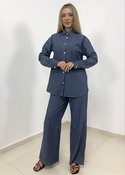 Kot Kumaş Taş Düğmeli Pantolonlu Takım - Mavi