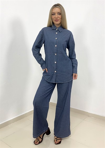 Kot Kumaş Taş Düğmeli Pantolonlu Takım - Mavi