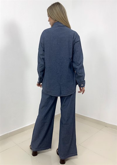 Kot Kumaş Taş Düğmeli Pantolonlu Takım - Mavi