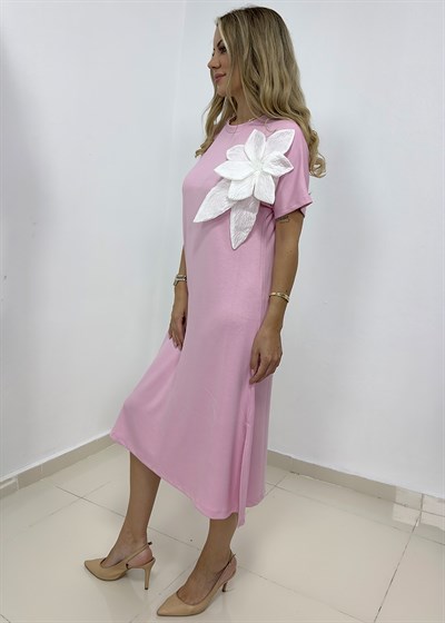 Modal Kumaş Çiçek Detaylı Elbise - Pembe