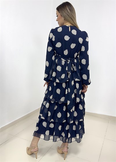 Puantiye Desen Astarlı Kat Kat Şifon Elbise - Lacivert