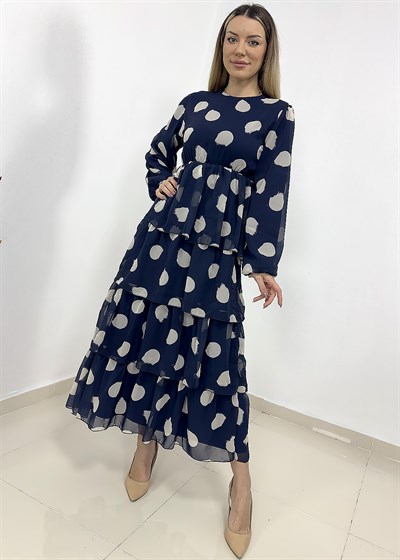 Puantiye Desen Astarlı Kat Kat Şifon Elbise - Lacivert