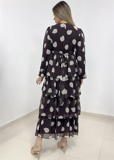 Puantiye Desen Astarlı Kat Kat Şifon Elbise - Kahverengi