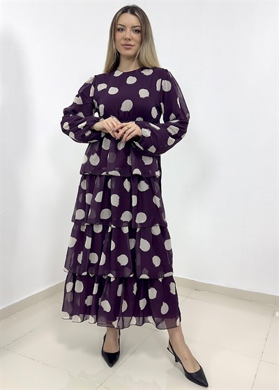 Puantiye Desen Astarlı Kat Kat Şifon Elbise - Mor