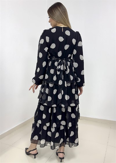 Puantiye Desen Astarlı Kat Kat Şifon Elbise - Siyah