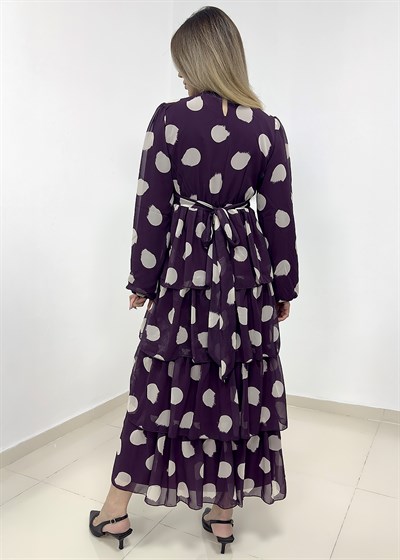 Puantiye Desen Astarlı Kat Kat Şifon Elbise - Mor