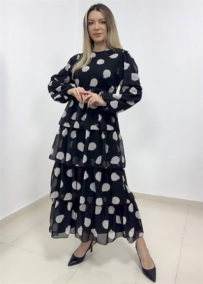 Puantiye Desen Astarlı Kat Kat Şifon Elbise - Siyah