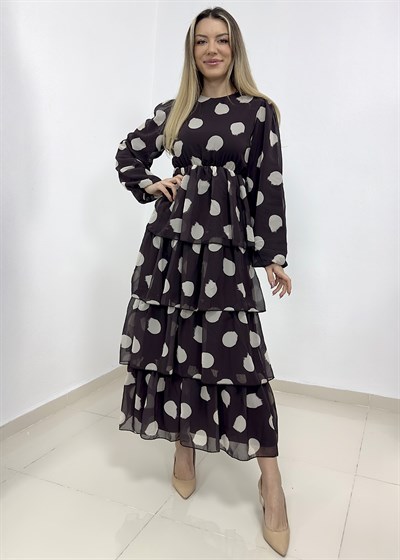 Puantiye Desen Astarlı Kat Kat Şifon Elbise - Kahverengi