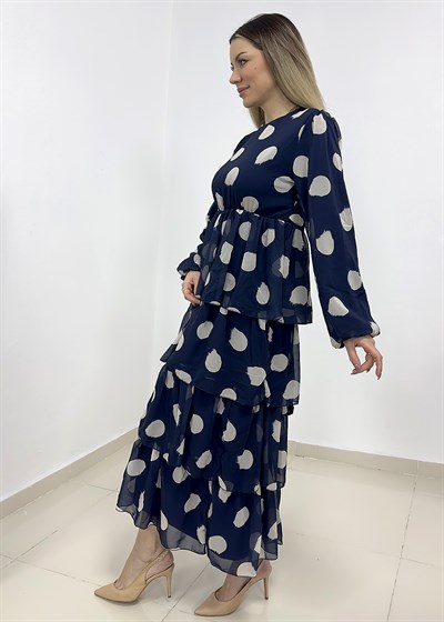 Puantiye Desen Astarlı Kat Kat Şifon Elbise - Lacivert