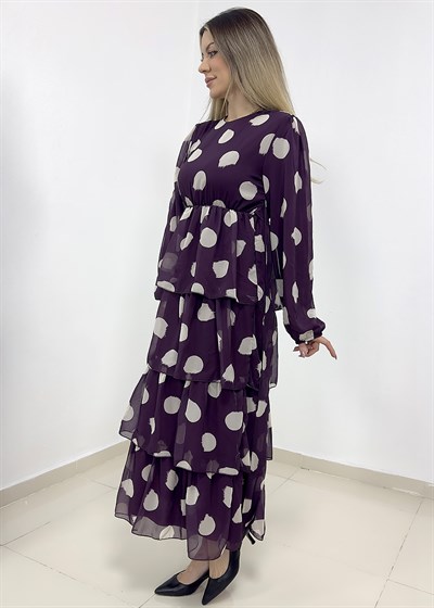 Puantiye Desen Astarlı Kat Kat Şifon Elbise - Mor