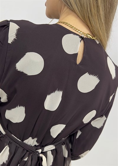 Puantiye Desen Astarlı Kat Kat Şifon Elbise - Kahverengi