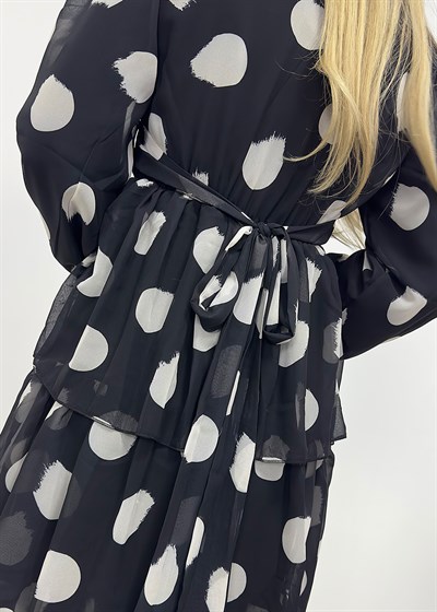 Puantiye Desen Astarlı Kat Kat Şifon Elbise - Siyah