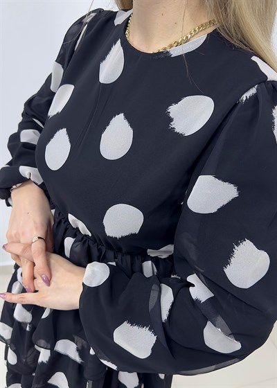 Puantiye Desen Astarlı Kat Kat Şifon Elbise - Siyah