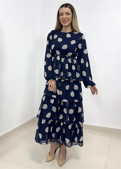 Puantiye Desen Astarlı Kat Kat Şifon Elbise - Lacivert