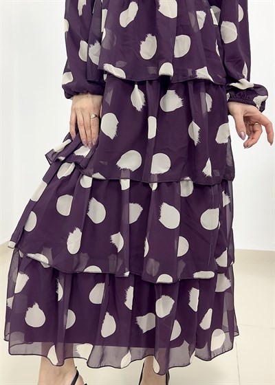 Puantiye Desen Astarlı Kat Kat Şifon Elbise - Mor