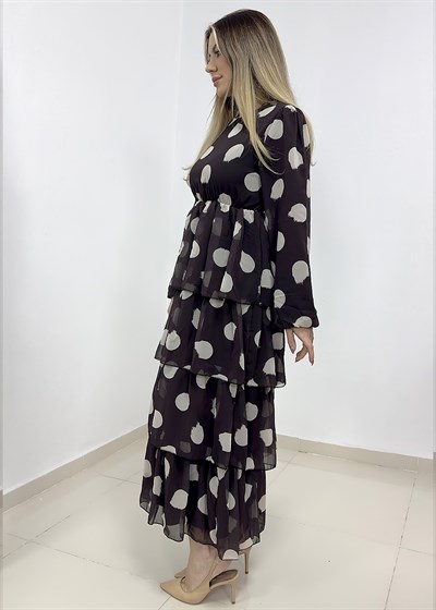 Puantiye Desen Astarlı Kat Kat Şifon Elbise - Kahverengi