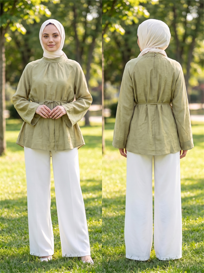 Reglan Kol Yakası Büzgülü Tül Vual Tunik - Yeşil