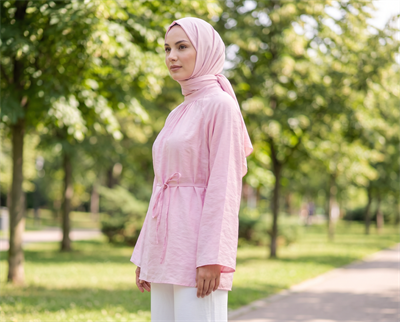 Reglan Kol Yakası Büzgülü Tül Vual Tunik - Pembe
