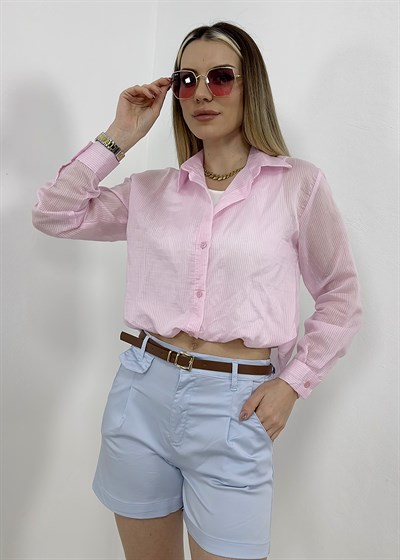 Ribana Bluzlu Çizgili Gömlek - Pembe