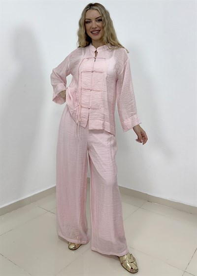 Süslü Düğmeli Pantolonu Astarlı Takım - Pembe
