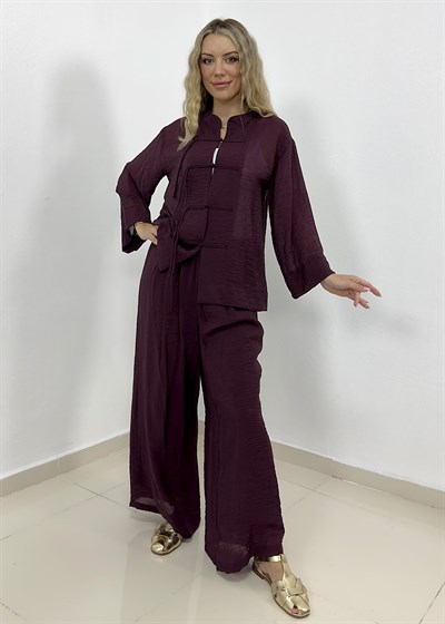 Süslü Düğmeli Pantolonu Astarlı Takım - Bordo