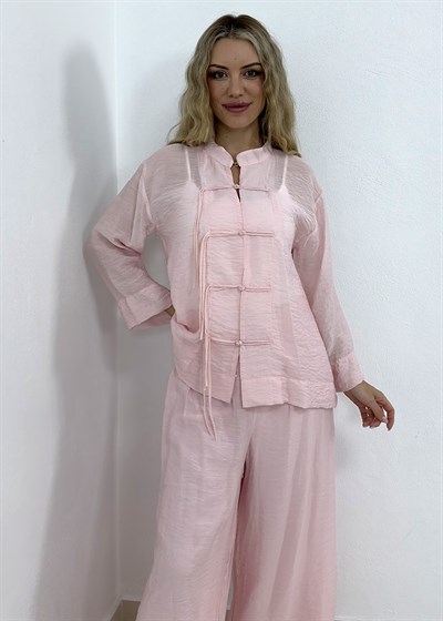 Süslü Düğmeli Pantolonu Astarlı Takım - Pembe