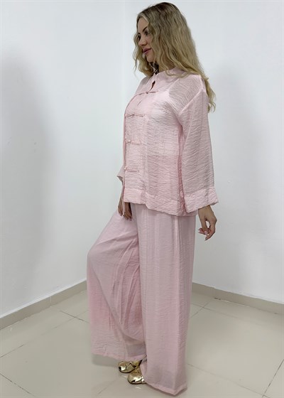 Süslü Düğmeli Pantolonu Astarlı Takım - Pembe