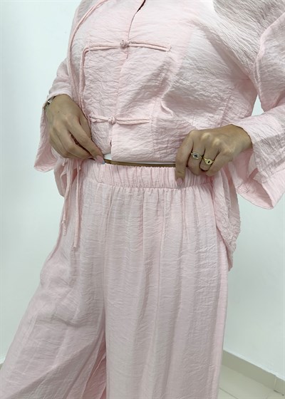 Süslü Düğmeli Pantolonu Astarlı Takım - Pembe