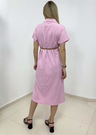 Yakalı Hasır Kemer Elbise - Pembe