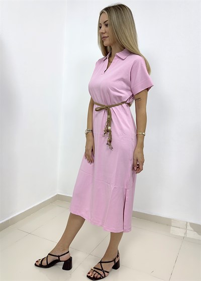 Yakalı Hasır Kemer Elbise - Pembe
