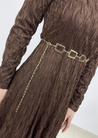 Zincir Kemerli Simli Dantelli Abiye - Kahverengi