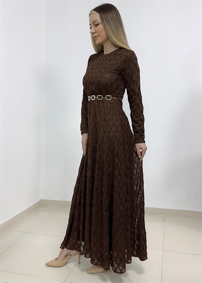 Zincir Kemerli Simli Dantelli Abiye - Kahverengi