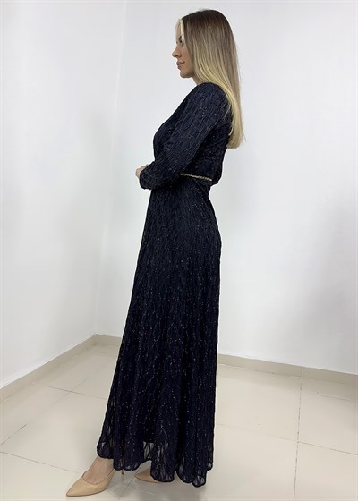 Zincir Kemerli Simli Dantelli Abiye - Lacivert