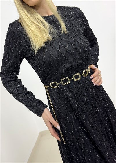 Zincir Kemerli Simli Dantelli Abiye - Siyah