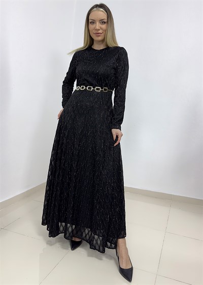 Zincir Kemerli Simli Dantelli Abiye - Siyah