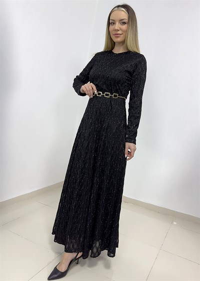 Zincir Kemerli Simli Dantelli Abiye - Siyah