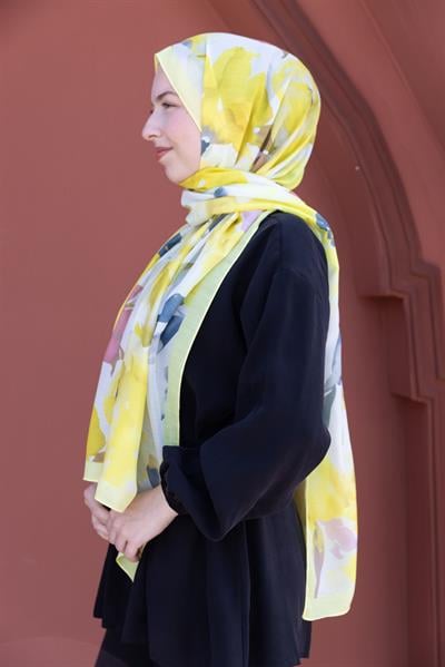 Limon Çiçeği Desenli Pamuklu Şal - Sarı