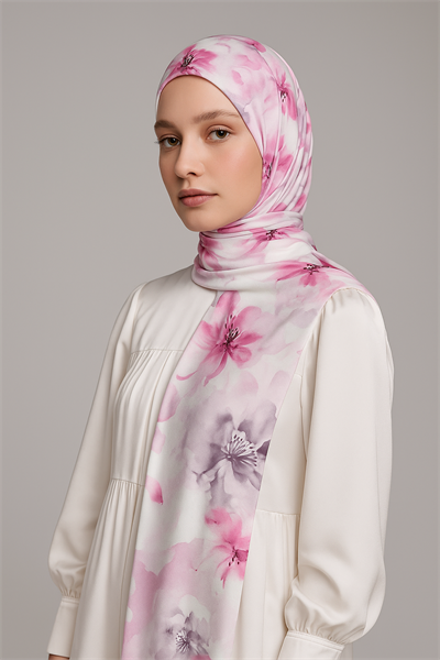 Pembe Çiçek Desenli Pamuklu Şal - Pembe