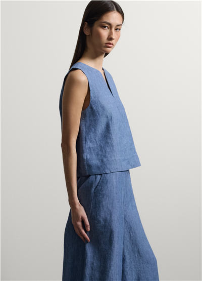 Açık Mavi Denim Keten Kolsuz Oversize Bluz