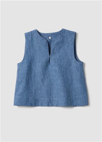 Açık Mavi Denim Keten Kolsuz Oversize Bluz