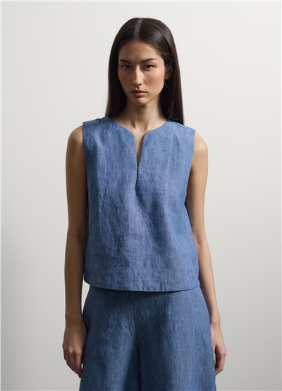 Açık Mavi Denim Keten Kolsuz Oversize Bluz